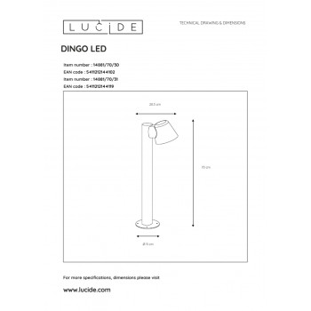 Lucide DINGO-LED - venkovní svítidlo sloupek - Ø 11,5 cm - stmívatelné - GU10 - 1x4,5W 3000K - IP44 - Černá 14881/70/30