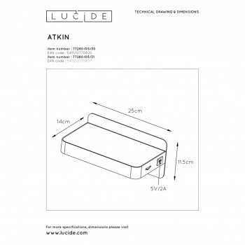 Lucide ATKIN - noční lampa - LED - 1x5W 2700K +USB port Černá 77280/05/30