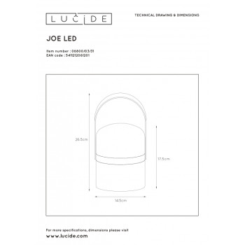 Lucide JOE - stolní lampa venkovní - Ø 14,5 cm - stmívatelné - 1x3W 2800K - IP44 - Bílá 06800/03/31