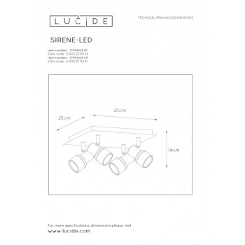 Lucide SIRENE-LED - stropní svítidlo do koupelny - Ø 10 cm - stmívatelné - GU10 - 4x5W 3000K - IP44 - Bílá 17948/20/31