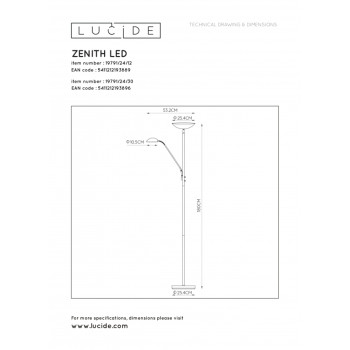 Lucide ZENITH - stojací lampa - Ø 24,5 cm - stmívatelné - 1x20W 3000K - Chrom 19791/24/12