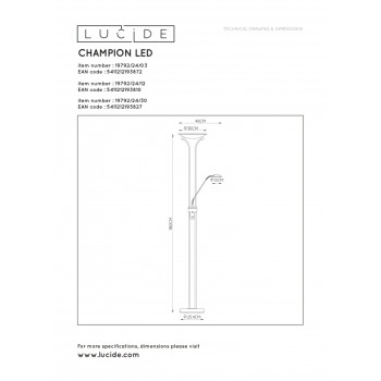 Lucide CHAMPION-LED - stojací čtecí lampa - Ø 25,4 cm - stmívatelné - 1x20W 3000K - Chrom 19792/24/12