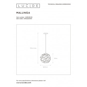 Lucide MALUNGA - závěsné svítidlo - Ø 25 cm - Černá 21415/25/30