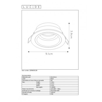 Lucide EMBED - podhledové svítidlo - Ø 9,1 cm - GU10 - Černá 22958/01/30