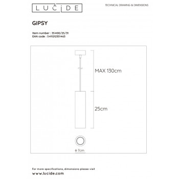 Lucide GIPSY - závěsné svítidlo - Ø 7 cm - GU10 - Bílá 35400/25/31