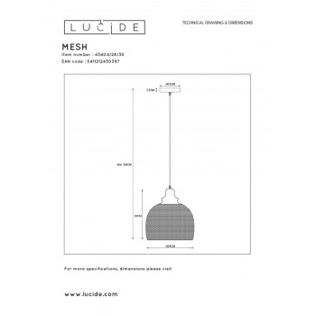 Lucide MESH - závěsné svítidlo - Ø 28 cm - Černá 43404/28/30