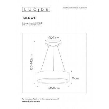 Lucide TALOWE LED - závěsné svítidlo - Ø 45,5 cm - stmívatelné - 1x39W 3000K - Bílá 46400/42/31