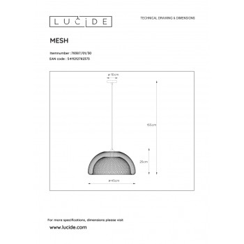 Lucide MESH - závěsné svítidlo - Ø 46 cm - Černá 78387/01/30