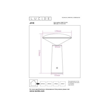 Lucide JIVE venkovní dobíjecí stolní lampa Ø13,9 cm 1x4W 6500K IP44 černá