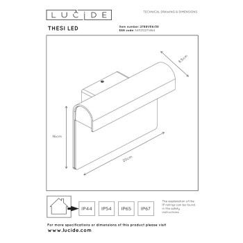 Lucide THESI LED - nástěnné svítidlo venkovní - LED - 1x6W 3000K - IP54 - Černá, LUCIDE, TRENDY svítidla