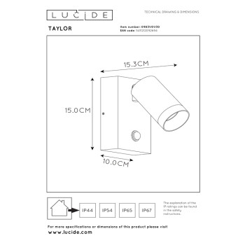 TAYLOR - Nástěnné svítidlo se senzorem - Venkovní - 1xGU10/50W IP44 - Černá, LUCIDE, TRENDY svítidla