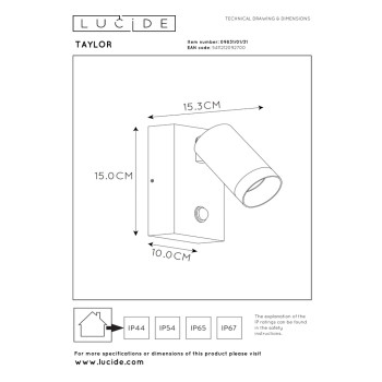 TAYLOR - Nástěnné svítidlo se senzorem - Venkovní - 1xGU10/50W IP44 - Bílá, LUCIDE, TRENDY svítidla