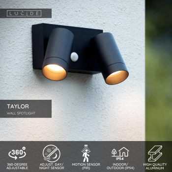 TAYLOR - Nástěnné bodové svítidlo se senzorem - 2xGU10/50W IP44 - Černá, LUCIDE, TRENDY svítidla