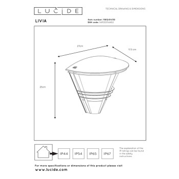 Lucide LIVIA - nástěnné svítidlo venkovní - IP44 - Černá 11812/01/30, LUCIDE, TRENDY svítidla