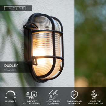 Lucide DUDLEY venkovní nástěnné svítidlo Oval IP65 E27/60W černá, LUCIDE, TRENDY svítidla