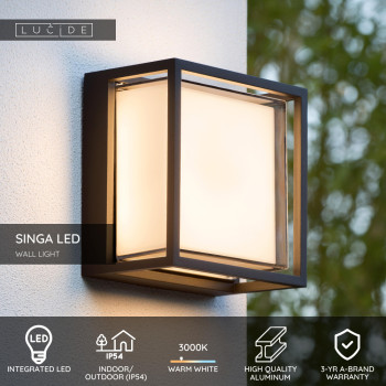 Lucide SINGA LED - nástěnné svítidlo venkovní - LED - 1x9,6W 2700K - IP54 - Černá 15801/10/30, LUCIDE, TRENDY svítidla