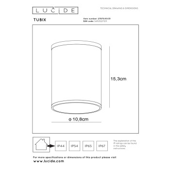 Lucide TUBIX - stropní svítidlo venkovní - Ø 10,8 cm - IP54 - Bílá 27870/01/31, LUCIDE, TRENDY svítidla