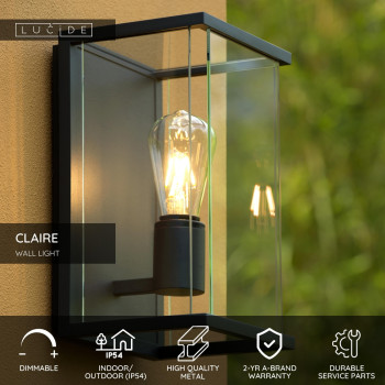Lucide CLAIRE - nástěnné svítidlo venkovní - IP54 - Černá 27883/01/30, LUCIDE, TRENDY svítidla