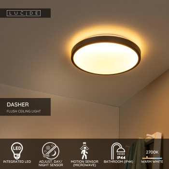 LED stropní svítidlo DASHER do koupelny - Ø 41 cm - 1x24W 2700K - IP44 - Senzor pohybu & Den/Noc - Černá, LUCIDE, TRENDY svítidla