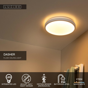 Lucide DASHER – stropní svítidlo do Koupelny – Ø 34,8 cm – LED – 1x18W 2700K – IP44 – se senzorem – Bílé, LUCIDE, TRENDY svítidla