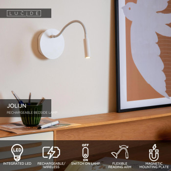 Lucide JOLIJN - Dobíjecí noční lampa / Nástěnné svítidlo - USB dobíjení - Ø 11 cm - LED - 1x2W 3000K - bílá, LUCIDE, TRENDY svítidla