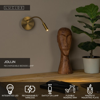 Lucide JOLIJN - Dobíjecí noční lampa / Nástěnné svítidlo - USB dobíjení - Ø 11 cm - LED - 1x2W 3000K - zlatá, LUCIDE, TRENDY svítidla