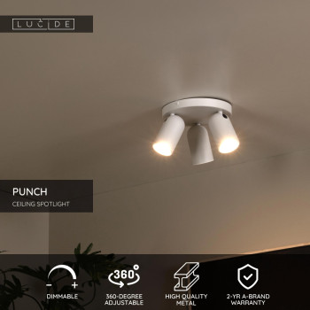 Lucide PUNCH - Stropní bodové svítidlo - Ø 21 cm - 3xGU10 - Bílá, LUCIDE, TRENDY svítidla
