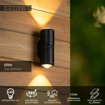 Lucide ERIN - Nástěnné bodové svítidlo - Vnitřní/Venkovní - LED - 2x5W 2700K - IP65 - Černá, LUCIDE, TRENDY svítidla