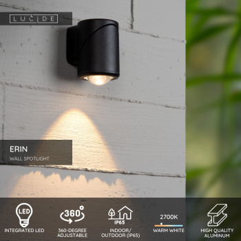 Lucide ERIN - Nástěnné bodové svítidlo - Vnitřní / Venkovní - LED - 1x5W 2700K - IP65 - Černá, LUCIDE, TRENDY svítidla