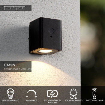 Lucide RAMIN - Nástěnné svítidlo vnitřní/venkovní - LED stmívatelné - 1x1W - IP54 - Senzor Den/Noc - Černá, LUCIDE, TRENDY svítidla