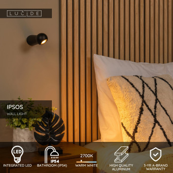 Lucide IPSOS - nástěnné koupelnové svítidlo - LED - 1x6W 2700K - IP54 - černé, LUCIDE, TRENDY svítidla