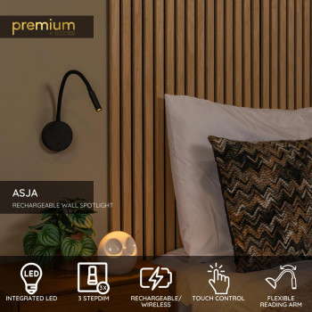 Lucide Premium ASJA - dobíjecí nástěnné svítidlo - baterie - LED 3 kroky stmívání - 1x3W 2700K - černé, LUCIDE, TRENDY svítidla
