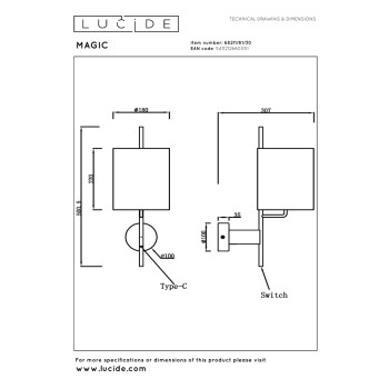 Lucide MAGIC - nástěnné svítidlo - 1xE27 - USB nabíječka - černé, LUCIDE, TRENDY svítidla