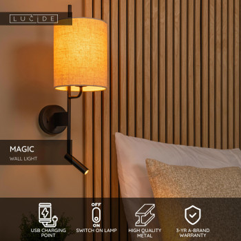 Lucide MAGIC - nástěnné svítidlo - 1xE27 - USB nabíječka - černé, LUCIDE, TRENDY svítidla