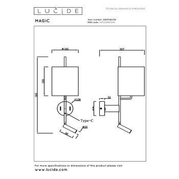 Lucide MAGIC - nástěnné svítidlo - 1xE27 - USB nabíječka - černé, LUCIDE, TRENDY svítidla
