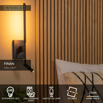 Lucide FINAN - nástěnné svítidlo - LED - USB nabíječka - černé, LUCIDE, TRENDY svítidla