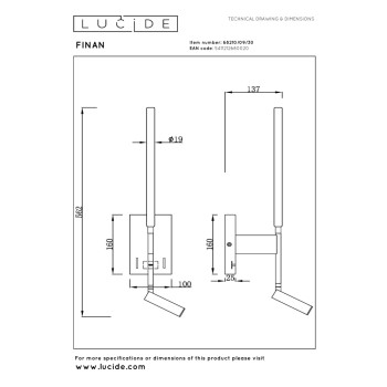 Lucide FINAN - nástěnné svítidlo - LED - USB nabíječka - černé, LUCIDE, TRENDY svítidla